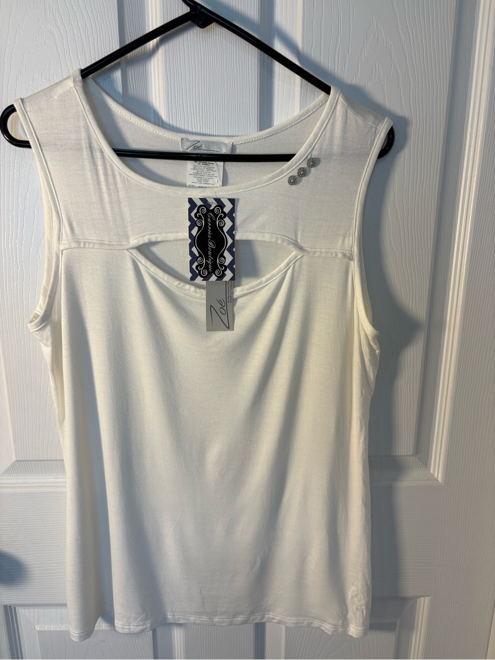 White Cutout Sleeveless Tank with Decorative Shoulder Buttons - Picture 6 of 6